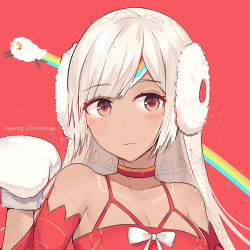 Rule 34 | 1girl, altera (fate), altera the santa (fate), bad id, bad pixiv id, blush, breasts, choker, cleavage, collarbone, dark skin, dark-skinned female, detached sleeves, fate/grand order, fate (series), floating hair, hair ornament, long hair, looking at viewer, mittens, mongarit, red background, red eyes, silver hair, simple background, small breasts, solo, upper body, very long hair