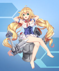 Rule 34 | :d, ahoge, armpits, arms behind head, azur lane, bare legs, blonde hair, blush, breasts, capelet, choker, cross, cross earrings, crucifix, earrings, garter straps, green eyes, highres, jewelry, le temeraire (azur lane), legs, long hair, machinery, open mouth, sitting, skirt, smile, solo, the hermit, twintails, very long hair