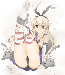 Rule 34 | &gt; &lt;, 10s, 1girl, :&lt;, arm support, ass, bandaid, black eyes, black panties, blonde hair, blush, breast slip, closed eyes, debris, elbow gloves, feet, flat chest, gloves, hairband, hand on own head, kadokawa shoten, kantai collection, legs up, long hair, looking at viewer, nipples, no shoes, panties, personification, rensouhou-chan, sailor collar, shimakaze (kancolle), skirt, soles, striped clothes, striped thighhighs, tears, thighhighs, toes, torn clothes, underwear, x x, yamasaki wataru