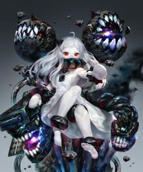 Rule 34 | 1girl, abyssal ship, ahoge, ankle cuffs, bacius, barefoot, bracelet, commentary request, covered mouth, crossed legs, dark background, dress, enemy aircraft (kancolle), feet, gloves, glowing, gradient background, horns, jewelry, kantai collection, long hair, looking at viewer, mittens, neck, northern ocean princess, pale skin, red eyes, sleeveless, sleeveless dress, teeth, thigh strap, white hair, wrist cuffs