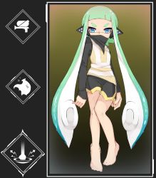 Rule 34 | 1girl, aqua hair, barefoot, black shirt, black shorts, blue eyes, blunt bangs, commentary, covered mouth, dolphin shorts, english text, gameplay mechanics, green hair, headgear, highres, inkling, inkling girl, inkling player character, long hair, looking at viewer, nintendo, pointy ears, shirt, short shorts, shorts, solo, splatoon (series), splatoon 1, splattershot (splatoon), squidbeak splatoon, standing, standing on one leg, sukeo (nunswa08), tentacle hair, very long hair, vest, yellow vest