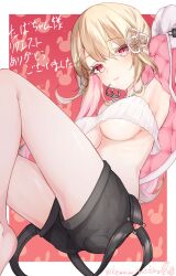 Rule 34 | 1girl, arm up, armpits, ayaginu temari, bare shoulders, belt, black shorts, breasts, brown hair, closed mouth, commission, crop top, crop top overhang, flower knot, hair ribbon, highres, isekai tensei shite v ni narimashita, jacket, jewelry, knees up, long hair, looking at viewer, medium breasts, midriff, mole, mole under eye, necklace, no bra, off shoulder, open clothes, open jacket, red eyes, ribbed shirt, ribbon, shirousagi (sirousagi1998), shirt, short shorts, shorts, skeb commission, sleeveless, sleeveless shirt, solo, spaghetti strap, thighs, underboob, virtual youtuber, white jacket, white shirt