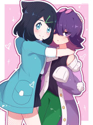 2girls absurdres aqua_eyes black_hair black_shorts blush border bright_pupils cardigan closed_mouth creatures_(company) crossed_bangs dot_(pokemon) eyelashes game_freak green_pants hair_ornament hairclip heart highres hood hooded_jacket hug jacket liko_(pokemon) multicolored_hair multiple_girls nintendo open_clothes open_jacket outside_border pants pink_background pink_hair pokemon pokemon_(anime) pokemon_horizons purple_cardigan purple_eyes purple_hair shirt shorts sleeveless sleeveless_shirt sleeves_past_elbows smile split_mouth toumei_4869 two-tone_hair white_border white_pupils white_shirt