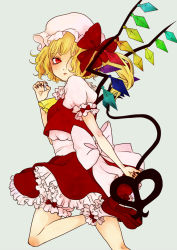 Rule 34 | 1girl, :o, bad id, bad pixiv id, blonde hair, blush, bow, crystal, demon wings, dress, female focus, flandre scarlet, frilled skirt, frills, hair over one eye, hat, high heels, laevatein, lips, looking at viewer, looking back, majoccoid, parted lips, red eyes, shoes, simple background, skirt, slit pupils, solo, touhou, vampire, white background, wings