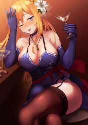 Rule 34 | 1girl, :p, bare shoulders, blonde hair, blue dress, blue eyes, blue gloves, blush, breasts, brown thighhighs, choker, cleavage, collarbone, crossed legs, cup, dress, elbow gloves, garter straps, girls&#039; frontline, gloves, hair between eyes, highres, holding, holding cup, large breasts, lodbyy, long hair, looking at viewer, mosin-nagant (girls&#039; frontline), mosin-nagant (moonlit ocean) (girls&#039; frontline), official alternate costume, revision, sash, sidelocks, sitting, smile, solo, thighhighs, tongue, tongue out