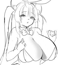 Rule 34 | 1girl, :o, adjusting clothes, animal ears, antenna hair, bow, bowtie, breasts, detached collar, fake animal ears, goddess of victory: nikke, greyscale, heart antenna hair, huge breasts, leotard, long hair, monochrome, parted lips, playboy bunny, rabbit ears, skirt, soda (nikke), soda (twinkling bunny) (nikke), solo, strapless, strapless leotard, twintails, unknownnoname0