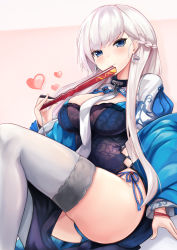 Rule 34 | 1girl, alternate costume, arm support, ass, azur lane, belfast (azur lane), belfast (iridescent rosa) (azur lane), belfast (iridescent rosa) (azur lane), blue eyes, blue panties, blush, braid, breasts, chain, china dress, chinese clothes, cleavage cutout, closed mouth, clothing cutout, collar, dress, earrings, folded fan, folding fan, hand fan, highres, holding, holding fan, jewelry, large breasts, long hair, looking at viewer, maid headdress, panties, ryara, shrug (clothing), side-tie panties, sidelocks, silver hair, sitting, smile, solo, thighhighs, thighs, underwear, white thighhighs