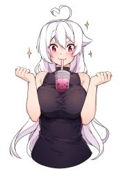 Rule 34 | 1girl, :3, ahoge, bare arms, bare shoulders, black shirt, blouse, blush, breasts, breasts squeezed together, bubble tea, bubble tea challenge, commentary, cropped torso, cup, disposable cup, drinking straw, english commentary, eyes visible through hair, hair between eyes, hands up, heart, heart ahoge, highres, iwbitu, large breasts, long hair, mouth hold, nyopu, object on breast, original, red eyes, shirt, simple background, sleeveless, sleeveless shirt, smile, solo, sparkle, thick eyebrows, upper body, very long hair, white background, white hair