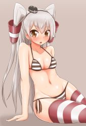 Rule 34 | 10s, 1girl, :o, amatsukaze (kancolle), bare shoulders, bikini, blush, breasts, brown eyes, hair tubes, highres, kantai collection, long hair, looking at viewer, navel, open mouth, silver hair, simple background, sitting, small breasts, solo, striped bikini, striped clothes, striped thighhighs, swimsuit, thighhighs, thighs, two side up, yamaori