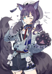 Rule 34 | 1girl, aiba uiha, animal ears, animal hands, badge, belt, black shorts, blue bow, blue cardigan, blue eyes, blue sweater, blush, bow, cardigan, cowboy shot, dog ears, dog tail, gloves, hair bow, hat, highres, long sleeves, looking at viewer, mole, mole under eye, nijisanji, off shoulder, official alternate costume, paw gloves, pom pom (clothes), purple bow, sh (shinh), short shorts, shorts, simple background, sketch, solo, sweater, tail, thigh strap, virtual youtuber, white background, white hat