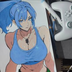 Rule 34 | 1girl, ashwin artss, blue eyes, blue hair, breasts, controller, dog tags, leona heidern, looking at viewer, medium hair, midriff, shirt, t-shirt, the king of fighters, traditional media