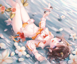 Rule 34 | 1girl, :d, absurdres, amaroku neko, antlers, bikini, bird, bird on hand, blush, brown hair, chinese commentary, commentary request, feathers, feet out of frame, flower, from above, hair between eyes, hair ornament, highres, horns, indie virtual youtuber, kano (utaite), long sleeves, looking at viewer, lying, navel, on back, open mouth, orange bikini, partially submerged, petals, purple eyes, short hair, smile, solo, star (symbol), star hair ornament, stomach, swimsuit, virtual youtuber, water, white flower