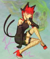 Rule 34 | 1girl, animal ears, braid, cat ears, cat girl, cat tail, dress, extra ears, female focus, fishnet thighhighs, fishnets, full body, hair ribbon, kaenbyou rin, kugata1, legs, multiple tails, red eyes, red hair, ribbon, shoes, short hair, sitting, solo, tail, thighhighs, touhou, twin braids, twintails