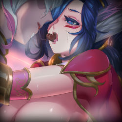 Rule 34 | 1boy, 1girl, blue eyes, blue hair, breasts, breasts out, candy, chocolate, chocolate heart, eyelashes, facial mark, food, food in mouth, hair over one eye, half-closed eyes, heart, heart-shaped pupils, heavy breathing, league of legends, looking at another, medium breasts, open mouth, pd (pdpdlv1), rakan (league of legends), saliva, saliva trail, sweat, symbol-shaped pupils, tongue, valentine, vambraces, white hair, xayah