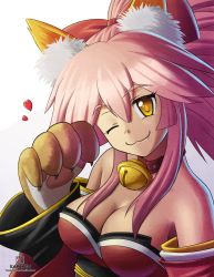 Rule 34 | 1girl, animal ear fluff, animal ears, animal hands, artist name, bare shoulders, bell, breasts, cat paws, cleavage, closed mouth, collar, detached sleeves, fang, fate/grand order, fate (series), fox ears, fox girl, fox tail, gloves, heart, highres, japanese clothes, jingle bell, kami mitsugu (kamiken), kimono, large breasts, long hair, looking at viewer, neck bell, paw gloves, pink hair, ponytail, red kimono, simple background, solo, tail, tamamo (fate), tamamo cat (fate), tamamo cat (first ascension) (fate), white background, yellow eyes