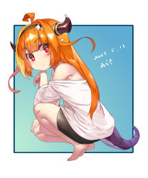 Rule 34 | 1girl, aged down, ahoge, araki (qbthgry), bare shoulders, barefoot, bike shorts, black shorts, blue background, brown hair, dragon girl, dragon horns, dragon tail, feet, from side, hairband, highres, hololive, horns, kiryu coco, long hair, looking at viewer, off shoulder, pointy ears, red eyes, shirt, shorts, simple background, solo, squatting, tail, thighs, toes, virtual youtuber, white shirt