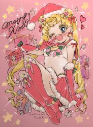 Rule 34 | 1girl, artist name, bishoujo senshi sailor moon, blonde hair, blue eyes, blush, boots, bow, box, bracelet, breasts, brooch, choker, christmas, dated, double bun, earrings, elbow gloves, finger to mouth, full body, fur-trimmed gloves, fur-trimmed headwear, fur-trimmed skirt, fur trim, gem hair ornament, gift, gift box, gloves, hair bow, hair bun, hat, heart, highres, jewelry, knee boots, long hair, medium breasts, merry christmas, miniskirt, mistletoe, one eye closed, open mouth, parted bangs, pink background, pleated skirt, pnpp tako, rabbit, red bow, red choker, red footwear, red gloves, red hat, red sailor collar, red skirt, sailor collar, sailor moon, sailor senshi uniform, santa hat, shirt, short sleeves, sitting, skirt, smile, solo, sparkle, star (symbol), star earrings, striped, striped bow, tiara, tsukino usagi, twintails, white shirt