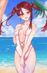 Rule 34 | 1girl, absurdres, alternate hairstyle, beach, blue sky, breasts, casual one-piece swimsuit, cloud, commentary request, cowboy shot, day, earrings, embarrassed, erena (sakura aimax), highres, horizon, jewelry, long hair, looking at viewer, love live!, love live! sunshine!!, ocean, one-piece swimsuit, open mouth, outdoors, red eyes, red hair, sakurauchi riko, sky, small breasts, solo, swimsuit, twintails, white one-piece swimsuit
