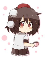 Rule 34 | 1girl, black hair, blush stickers, brown skirt, closed mouth, coffee, colored shadow, commentary request, cropped legs, cup, drop shadow, hair between eyes, hat, holding, holding cup, looking at viewer, looking to the side, mini hat, o3o, pleated skirt, pom pom (clothes), red eyes, red hat, shadow, shameimaru aya, shirt, short sleeves, skirt, solo, tokin hat, totoharu (kujirai minato), touhou, white background, white shirt