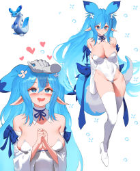 Rule 34 | 1girl, absurdres, bare shoulders, blue eyes, blue hair, blue tail, blush, bow, breasts, chillet, cleavage, covered navel, drooling, headpat, heart, highres, large breasts, leotard, long hair, open mouth, pal (creature), palworld, personification, pointy ears, simple background, smile, solo, tail, thighhighs, white background, white leotard, white thighhighs, wonbin lee