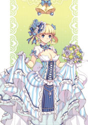 Rule 34 | 1girl, ask (dreaming cat), bell, blonde hair, blue eyes, breasts, cleavage, dress, earrings, flower, gloves, gown, jewelry, ribbon, solo