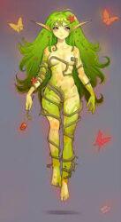 Rule 34 | 1girl, barefoot, breasts, bug, butterfly, colored skin, completely nude, dryad, floating, flower, flower on head, flowers in hair, full body, green hair, green skin, heroes of might and magic, heroes of might and magic v, holding, holding flower, insect, kola411, leaf, levitation, long hair, looking at viewer, medium breasts, might and magic, multicolored skin, navel, no bra, no panties, nude, orange eyes, plant, pointy ears, red flower, red rose, rose, simple background, solo, very long hair, vines, yellow skin