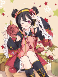 Rule 34 | 10s, 1girl, ;d, \m/, black hair, bondson, bow, double \m/, double bun, fang, hair bow, japanese clothes, love live!, love live! school idol festival, love live! school idol project, nico nico nii, one eye closed, open mouth, petals, red eyes, smile, solo, twintails, yazawa nico