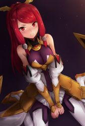 Rule 34 | 1girl, armor, armored dress, bare shoulders, between legs, blazblue, blush, breasts, detached sleeves, embarrassed, faulds, hair ornament, hair tubes, hand between legs, highres, izayoi (blazblue), large breasts, long hair, looking at viewer, pantyhose, ponytail, red eyes, red hair, simple background, sitting, skirt, solo, thighhighs, tsubaki yayoi, wariza, yoyuki
