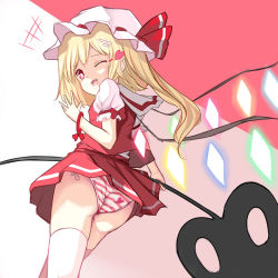 Rule 34 | 1girl, ascot, ass, back, bad id, bad pixiv id, blonde hair, blush, crystal, flandre scarlet, hat, heart, one eye closed, open mouth, panties, pantyshot, red eyes, short hair, side ponytail, skirt, smile, solo, sseopik, striped clothes, striped panties, thighhighs, touhou, underwear, upskirt, vest, white thighhighs, wings, wink