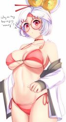 Rule 34 | 1girl, anisdrawn, bare shoulders, bikini, blush, breasts, choker, english text, hair ornament, highres, large breasts, navel, nintendo, o-ring, o-ring choker, off shoulder, open clothes, purah, red bikini, red eyes, round eyewear, solo, swimsuit, the legend of zelda, the legend of zelda: tears of the kingdom, underboob, white hair