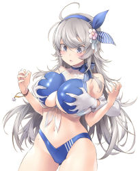 Rule 34 | 1girl, 1other, ahoge, blue one-piece swimsuit, blush, bracelet, grabbing another&#039;s breast, breasts, competition swimsuit, covered navel, deep skin, embarrassed, flower, gloves, gluteal fold, grabbing, grabbing from behind, grey hair, groin, groping, hair flower, hair ornament, hairband, highleg, highleg swimsuit, huge breasts, jewelry, kantai collection, long hair, one-piece swimsuit, open mouth, sakana (flame sakana), simple background, solo focus, striped, sweat, swimsuit, vertical stripes, washington (kancolle), white background, white gloves