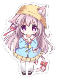 Rule 34 | 1girl, animal ears, artist request, azur lane, bell, blush, bow, cat ears, cat tail, character cutout, chibi, commentary request, full body, hands on own chest, hat, kindergarten uniform, kisaragi (azur lane), lifebuoy, long hair, long sleeves, pleated skirt, purple eyes, purple hair, school hat, skirt, solo, standing, swim ring, tail, tail bell, tail bow, tail ornament, thighhighs, white background, white thighhighs