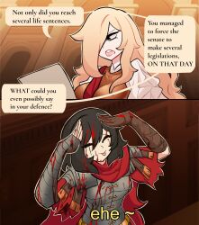 Rule 34 | 2girls, absurdres, ah eto... bleh (meme), armor, black hair, blonde hair, blood, blood on armor, blood on clothes, blood on face, breastplate, cape, centurii-chan (artist), character request, closed eyes, courtroom, elbow gloves, english text, evocatus (centurii-chan), gauntlets, gloves, greco-roman clothes, hair over one eye, hands on own head, highres, holding, holding paper, judge, leather, leather gloves, legate (centurii-chan), long hair, meme, multiple girls, original, paper, red cape, robe, roman clothes, shoulder armor, speech bubble, tongue, tongue out, trial, yellow eyes