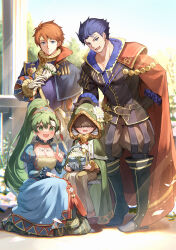 Rule 34 | 1girl, 1other, 2boys, aged down, basket, blue dress, blue eyes, blue hair, bouquet, breasts, brown hair, cape, cleavage, dress, eliwood (fire emblem), eliwood (valentine) (fire emblem), fire emblem, fire emblem: the blazing blade, fire emblem heroes, flower, green eyes, green hair, hand on another&#039;s head, hector (fire emblem), hector (valentine) (fire emblem), highres, holding, holding basket, holding bouquet, hood, kneeling, large breasts, long hair, looking at viewer, lyn (fire emblem), lyn (valentine) (fire emblem), mark (fire emblem: the blazing blade), multiple boys, nakabayashi zun, nintendo, no eyes, official alternate costume, ponytail, red cape, red hair, sitting, smile, spread legs