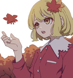 Rule 34 | 1girl, absurdres, aki shizuha, blonde hair, buttons, hair ornament, highres, kame (kamepan44231), leaf, leaf hair ornament, long sleeves, maple leaf, one-hour drawing challenge, open mouth, red shirt, shirt, short hair, simple background, solo, touhou, upper body, white background, yellow eyes