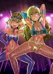 Rule 34 | 2girls, alternate costume, bracelet, breasts, cleft of venus, clothes writing, elbow gloves, english text, female focus, fishnet pantyhose, fishnets, frog, frog hair ornament, ganguro, gloves, green eyes, green hair, hair ornament, hat, jewelry, kochiya sanae, large breasts, lights, long hair, mizuryu kei, multiple girls, necklace, one eye closed, open mouth, pantyhose, piercing, profanity, revealing clothes, shiki eiki, short hair, smile, sweat, tank top, tongue, tongue out, tongue piercing, touhou, translated, v, wink