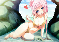 Rule 34 | 1girl, arm support, bad anatomy, beach, bikini, blue eyes, breasts, cleavage, day, flower, front-tie top, hair flower, hair ornament, heart, highres, large breasts, long hair, navel, ocean, original, papino, partially submerged, pink hair, smile, solo, swimsuit, water