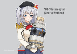 1girl absurdres artist_name beret black_hat blue_eyes blue_skirt commentary_request dated epaulettes gloves grey_background grey_hair hat highres holding holding_weapon kantai_collection kashima_(kancolle) long_hair long_sleeves looking_at_viewer military_uniform pleated_skirt sbarky38 sidelocks simple_background skirt smile solo standing twintails upper_body weapon white_gloves