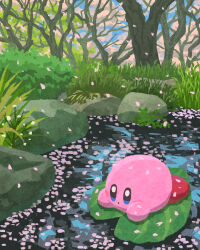 Rule 34 | :o, bare tree, blue eyes, blue sky, blush, blush stickers, bush, closed mouth, cloud, cloudy sky, commentary request, day, falling petals, forest, grass, highres, kirby, kirby (series), leaf, lying, miclot, nature, nintendo, no humans, on stomach, outdoors, petals, plant, pond, rock, sky, solo, tree, water