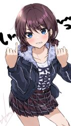 Rule 34 | 1girl, absurdres, black jacket, blue eyes, blush, brown hair, collarbone, commentary request, cowboy shot, dark skin, fur-trimmed jacket, fur trim, girls band cry, hands up, highres, iseri nina, jacket, open clothes, open jacket, parted lips, pinky out, plaid, plaid skirt, pleated skirt, shirt, short twintails, simple background, skirt, solo, translation request, twintails, wano (azayakam), white background, white shirt