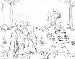 Rule 34 | 1boy, 1girl, baby 5, bandages, book, bow, head rest, couch, donquixote pirates, earrings, closed eyes, frown, hood, jewelry, monochrome, one piece, open clothes, open shirt, puchiri, shirt, sitting, sketch, trafalgar law