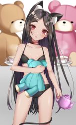 Rule 34 | 1girl, animal ear fluff, animal ears, bare arms, bare shoulders, black bra, black hair, black panties, blurry, bra, cat ears, cat girl, cat tail, choker, collarbone, commentary request, cup, dark-skinned female, dark skin, depth of field, extra ears, highres, holding, itoi toi, long hair, looking at viewer, original, panties, parted bangs, parted lips, red eyes, saucer, solo, standing, steam, stuffed animal, stuffed toy, tail, teacup, teapot, teddy bear, thighs, underwear, very long hair