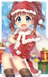Rule 34 | 1girl, belt, black footwear, blue eyes, blunt bangs, blush, boots, brown belt, brown hair, candy, candy cane, capelet, christmas, dress, eyebrows, food, fur trim, gift, hat, holding, holding sack, idolmaster, idolmaster (classic), long hair, long sleeves, open mouth, over shoulder, panties, pantyshot, pom pom (clothes), red capelet, red dress, red hat, sack, santa costume, santa hat, sitting, snowflakes, solo, takatsuki yayoi, tareme, tongue, twintails, underwear, wagashi928, white panties
