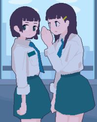 Rule 34 | 2girls, animated, animated gif, arms at sides, black hair, blue neckwear, blue skirt, blunt bangs, day, hair ornament, hairclip, hand up, highres, indoors, long hair, long sleeves, looking at viewer, multiple girls, necktie, original, peco-pech, pixel art, pocket, school uniform, shirt, sideways glance, skirt, whispering, white shirt, window
