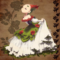 Rule 34 | 1girl, bare shoulders, breasts, brown background, cleavage, commentary request, dress, closed eyes, floral background, flower, full body, medium breasts, multicolored clothes, multicolored dress, original, oto, puffy sleeves, red hair, rose, skirt hold, smile, solo, strapless, strapless dress