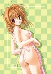 Rule 34 | 1girl, amane sou, apron, ass, blush, breasts, brown hair, checkered background, kawai rie, large breasts, looking back, lovers (game), naked apron, official art, phonecard, red eyes, short hair, solo