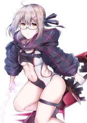 Rule 34 | 1girl, ahoge, artoria pendragon (fate), black jacket, blush, braid, breasts, center opening, cosplay, electricity, fate/grand order, fate (series), french braid, glasses, grey hair, hair bun, highres, jacket, lance, len (hand linke), long hair, long sleeves, looking at viewer, medium breasts, mysterious heroine x alter (fate), mysterious heroine xx (fate), mysterious heroine xx (fate) (cosplay), navel, one-piece swimsuit, polearm, shrug (clothing), sidelocks, solo, swimsuit, thighs, weapon, yellow eyes