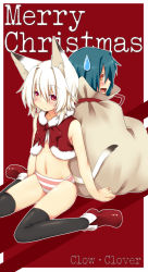 Rule 34 | 2girls, animal ears, cat ears, cat tail, flat chest, green hair, highres, looking at viewer, looking back, majima yuki, merry christmas, multiple girls, original, panties, red background, red eyes, short hair, simple background, sitting, smile, striped clothes, striped panties, sweatdrop, tail, underwear, wariza