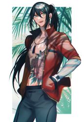 Rule 34 | 1boy, alternate hairstyle, black hair, black leggings, black male swimwear, blush, chain, chain necklace, commentary request, dragon tattoo, fangs, fate/grand order, fate (series), feet out of frame, flower tattoo, full-body tattoo, green eyes, hair between eyes, hair ribbon, hand in pocket, hands in pockets, highres, jacket, jewelry, katagiri (mighty swing), leggings, long hair, long sleeves, looking away, male focus, male swimwear, necklace, official alternate costume, open mouth, pearl necklace, ponytail, red jacket, red ribbon, ribbon, smile, solo, swim trunks, tattoo, toned, toned male, very long hair, watch, wristwatch, yan qing (fate), yan qing (training wear) (fate)