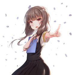 Rule 34 | 1girl, angry, armband, black dress, blush, breasts, brown eyes, brown hair, commentary request, cowboy shot, dress, falling petals, foreshortening, hair over shoulder, highres, holding, holding notepad, iino miko, index finger raised, kaguya-sama wa kokurasetai ~tensai-tachi no renai zunousen~, long hair, long sleeves, looking at viewer, looking to the side, low twintails, notepad, hugging object, open mouth, outstretched arm, petals, pinafore dress, pointing, pointing at viewer, red ribbon, ribbon, school uniform, shirt, short sleeves, shuuchiin academy school uniform, sleeveless dress, solo, twintails, ushimu, v-shaped eyebrows, white shirt